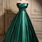 Elegant Emerald Green Satin Off-Shoulder Prom Dress, Long A-Line Formal Dress  fg8742