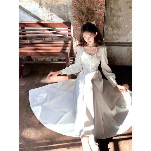 Fleece white maxi dress, winter dress, French style innerwear A69