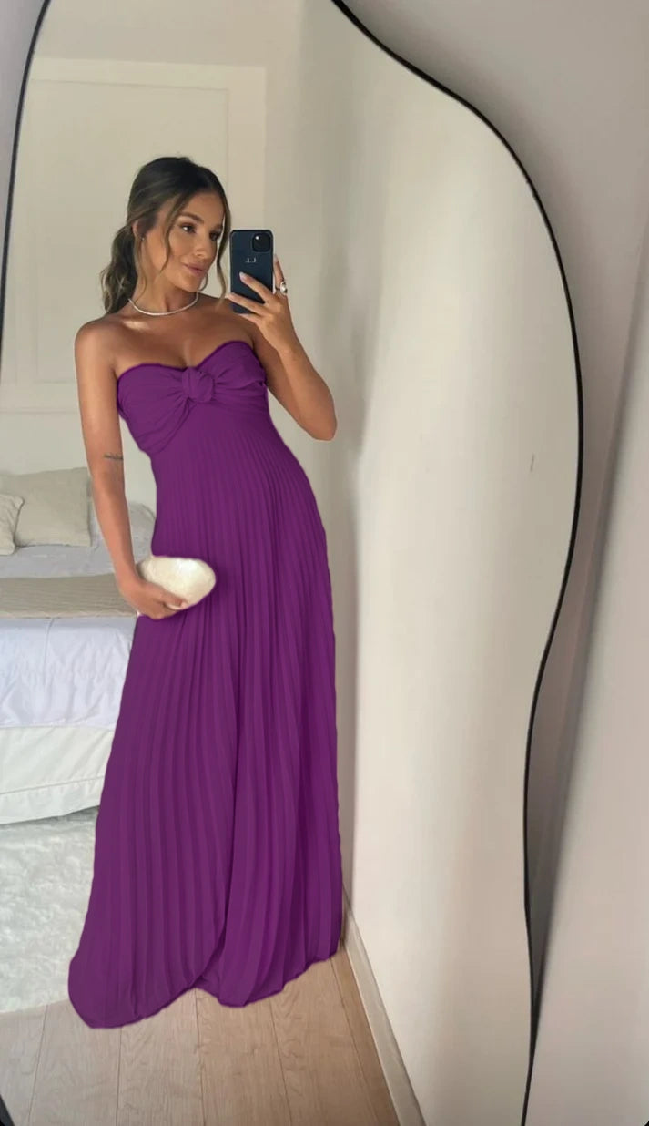 Strapless A Line Pink Long Prom Dress Pleated Formal Party Gown       fg6582