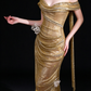 Gold Off The Shoulder Draped Glitter Mermaid Evening Gown With 3D Floral Decor fg9140