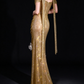 Gold Off The Shoulder Draped Glitter Mermaid Evening Gown With 3D Floral Decor fg9140