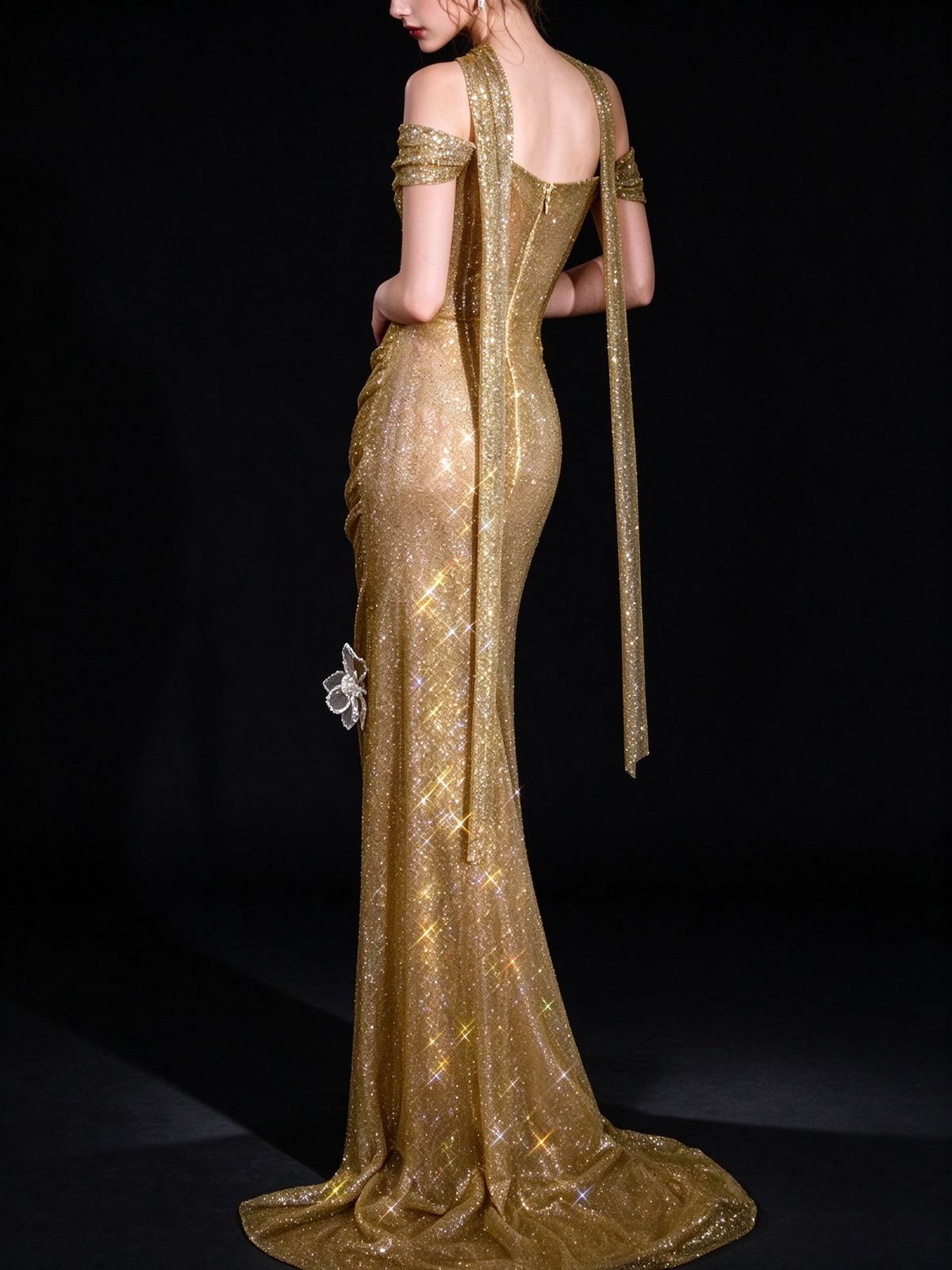 Gold Off The Shoulder Draped Glitter Mermaid Evening Gown With 3D Floral Decor fg9140
