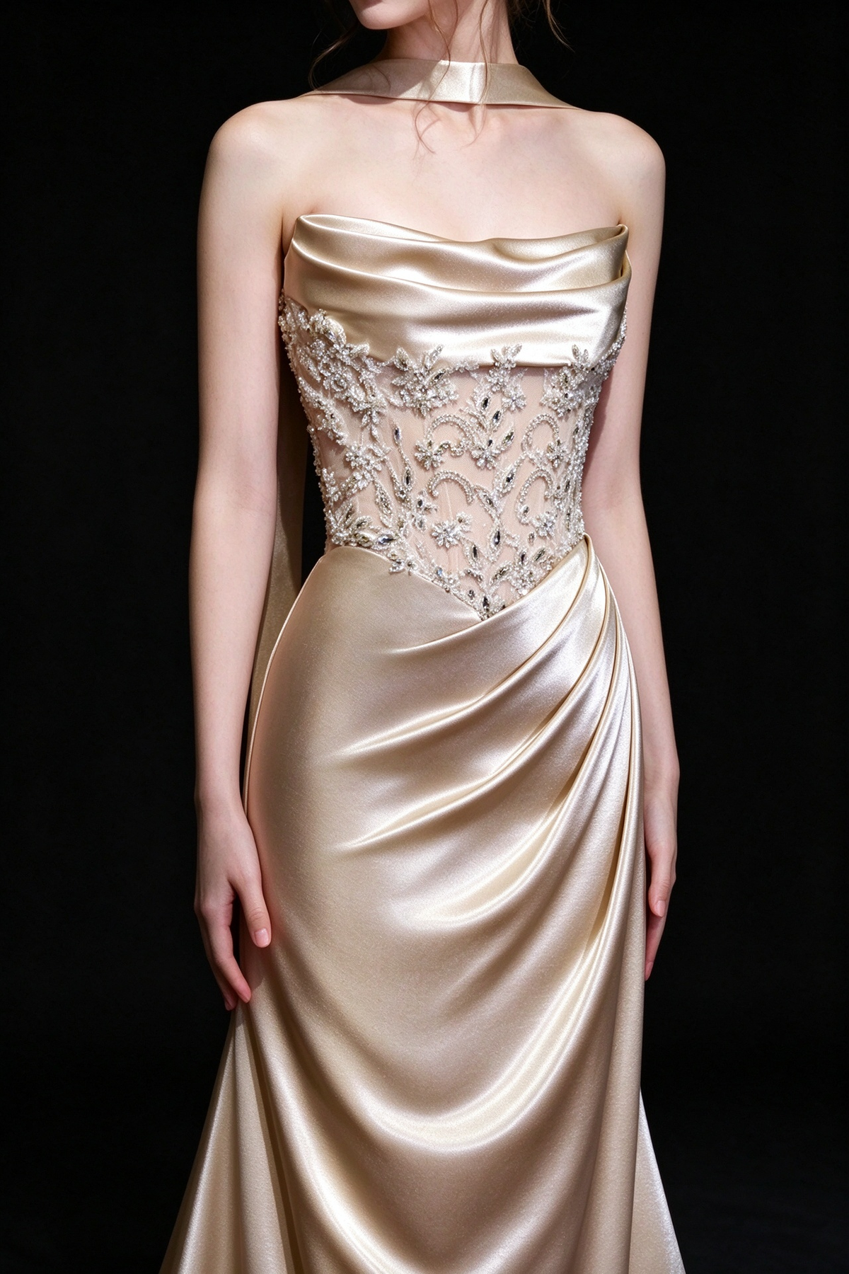 Champagne Strapless Cowl Neck Satin Mermaid Evening Gown With Beaded Bodice fg9141