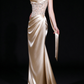 Champagne Strapless Cowl Neck Satin Mermaid Evening Gown With Beaded Bodice fg9141