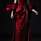 Burgundy Spaghetti Strap Mermaid Evening Gown With Puff Sleeves & Black Bows fg9142