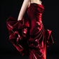 Burgundy Spaghetti Strap Mermaid Evening Gown With Puff Sleeves & Black Bows fg9142