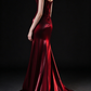 Burgundy Spaghetti Strap Mermaid Evening Gown With Puff Sleeves & Black Bows fg9142