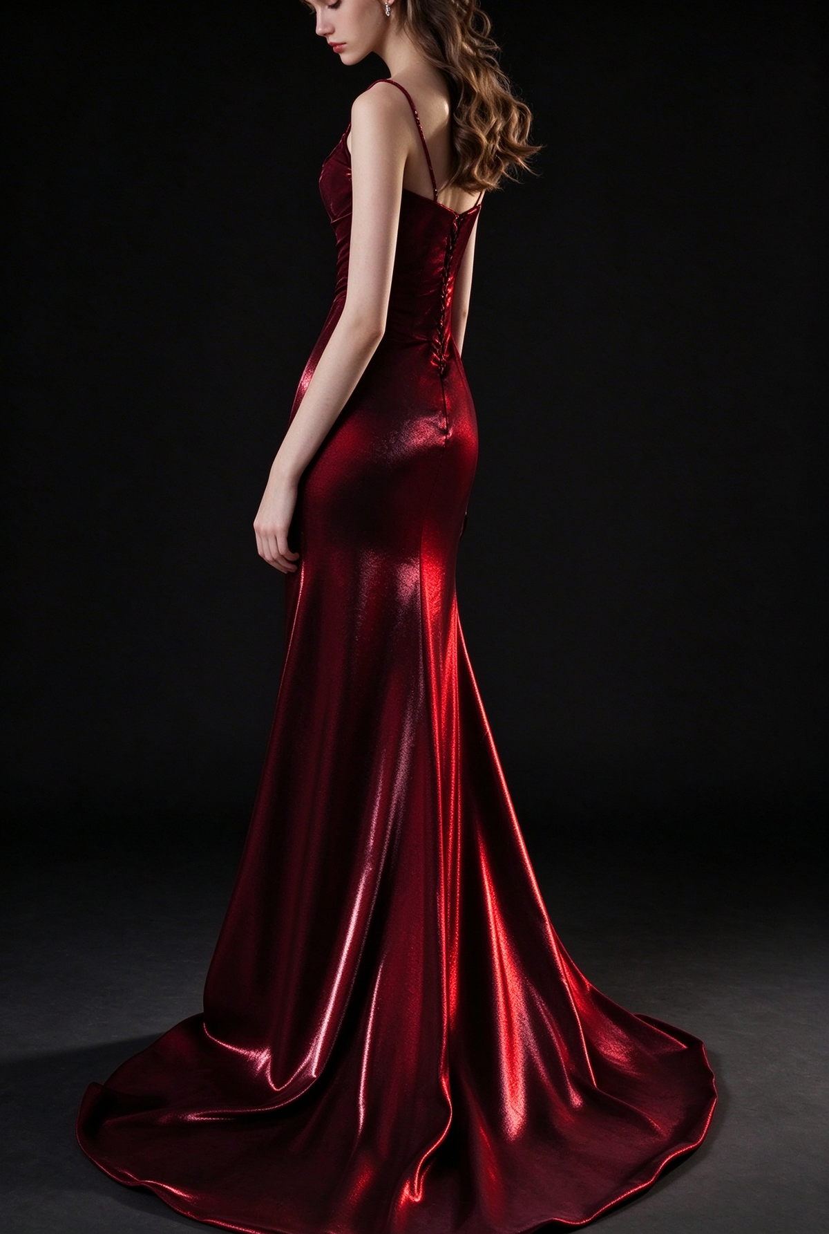 Burgundy Spaghetti Strap Mermaid Evening Gown With Puff Sleeves & Black Bows fg9142