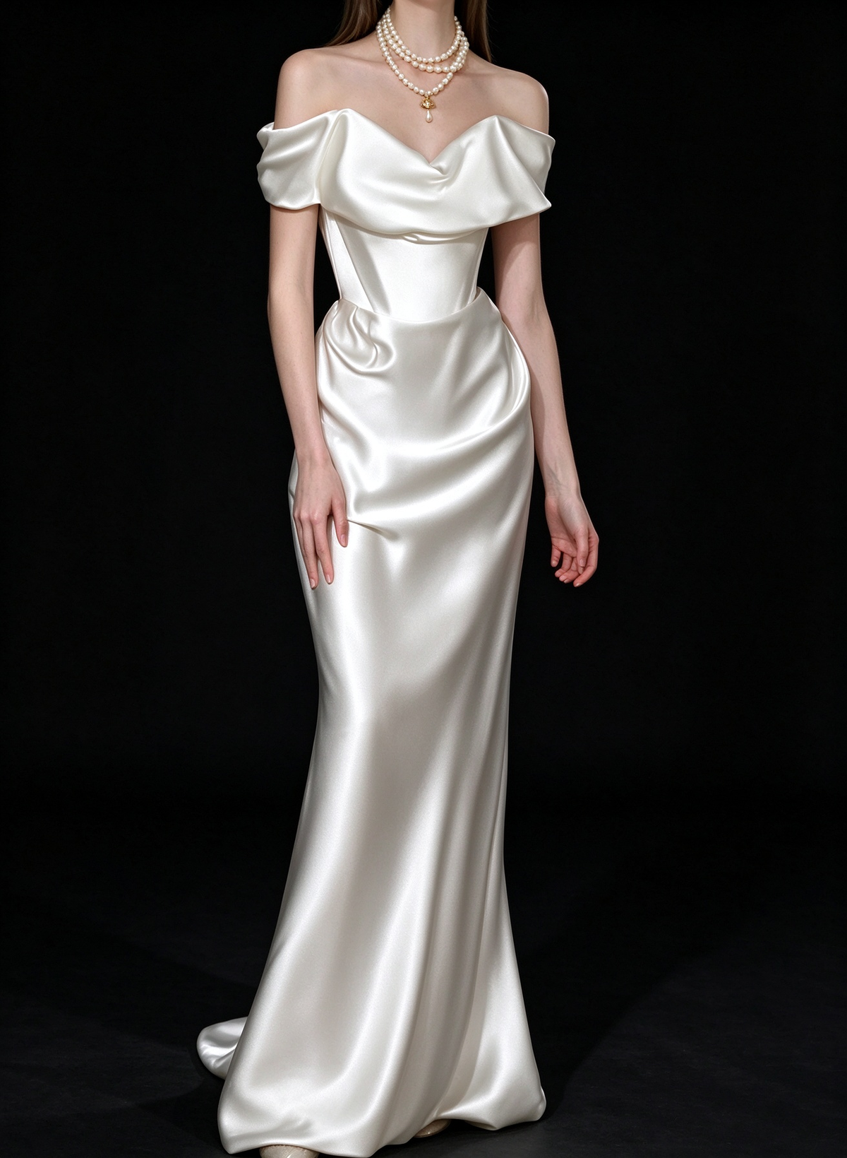 White Off Shoulder Satin Mermaid Wedding Dress fg9143