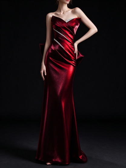 Burgundy Strapless Satin Mermaid Evening Dress With Rhinestone And Big Bow fg9144