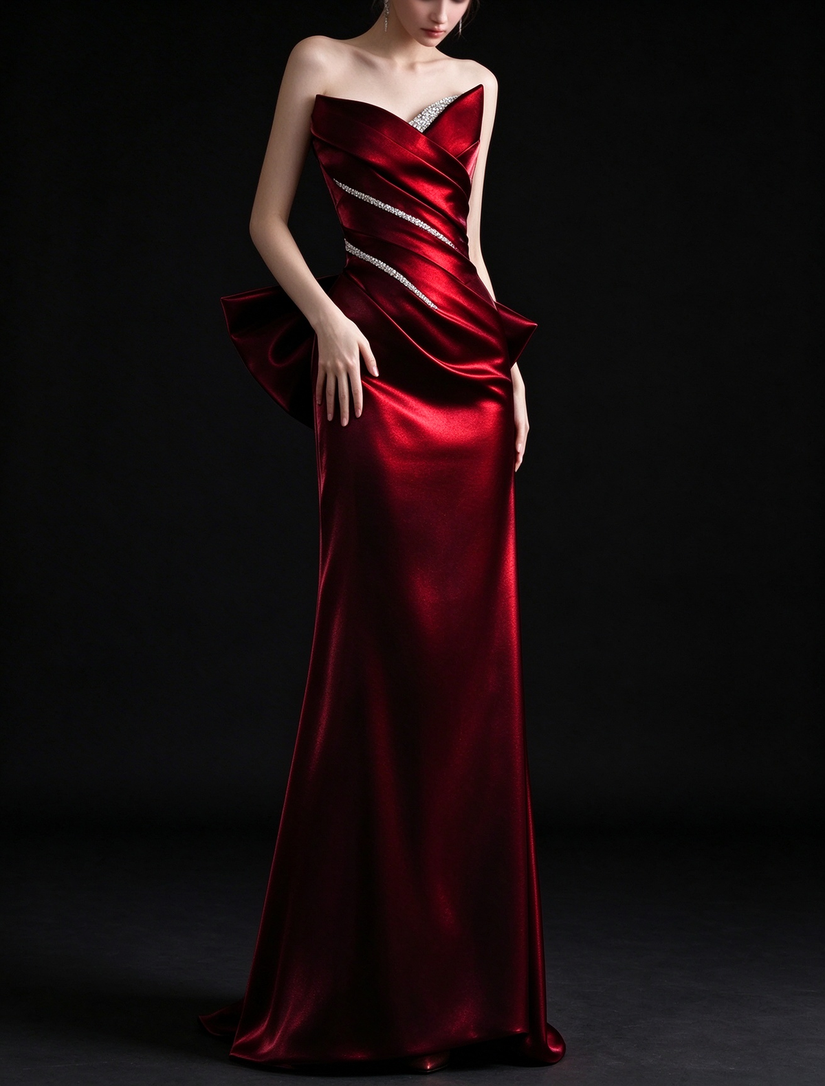 Burgundy Strapless Satin Mermaid Evening Dress With Rhinestone And Big Bow fg9144