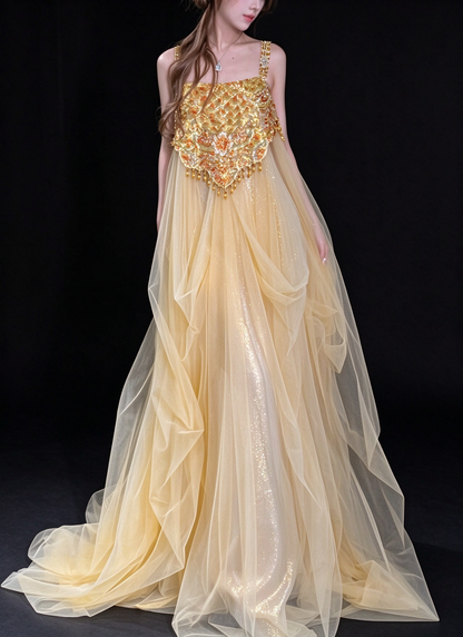 Gold Spaghetti Strap Beaded Tulle A Line Evening Dress fg9146