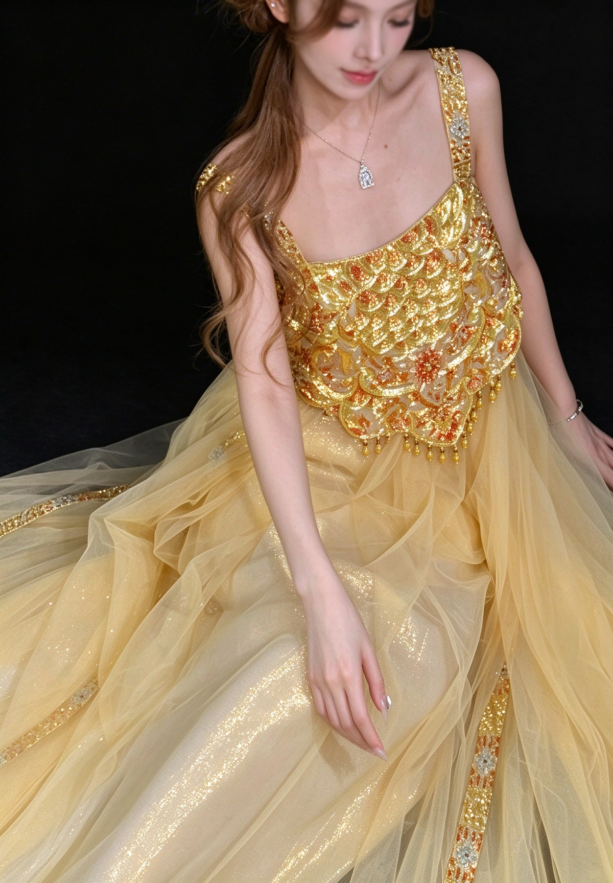 Gold Spaghetti Strap Beaded Tulle A Line Evening Dress fg9146