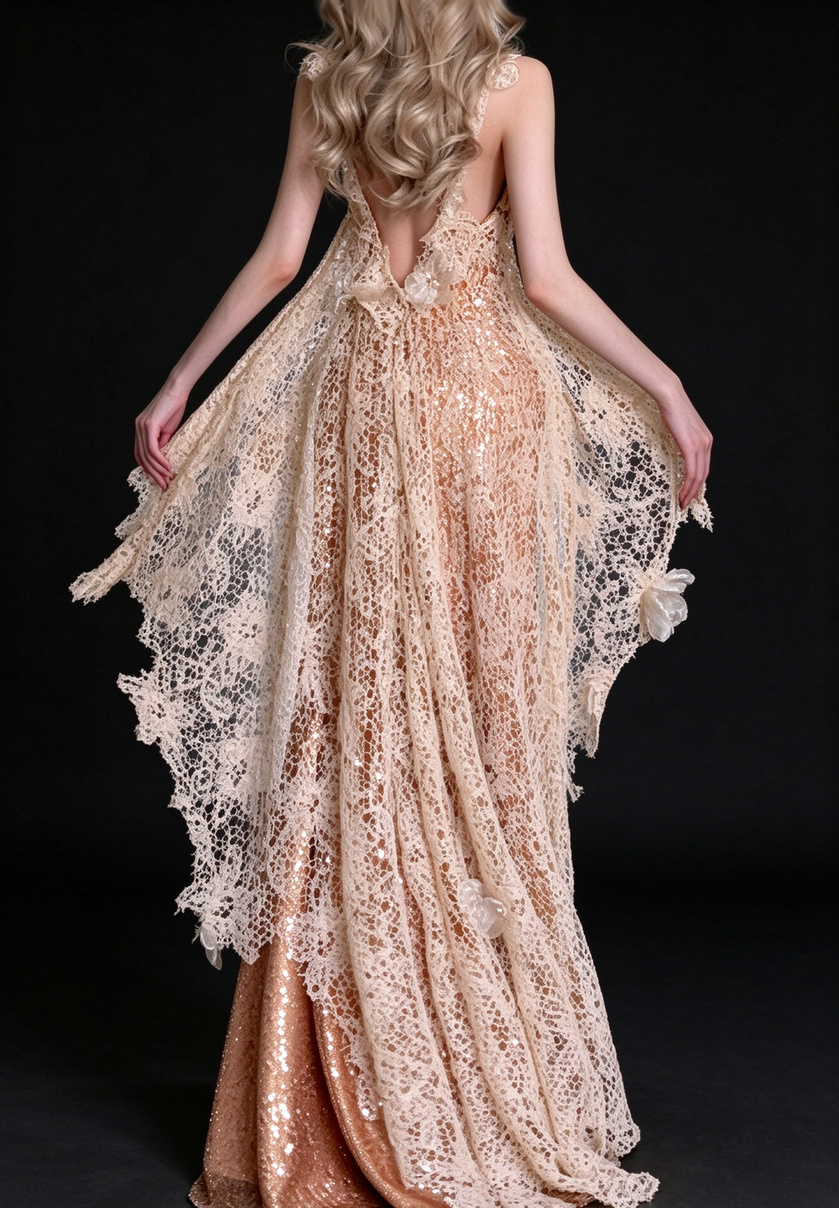 Champagne Halter 3D Floral Lace Sequin Mermaid Evening Dress fg9147