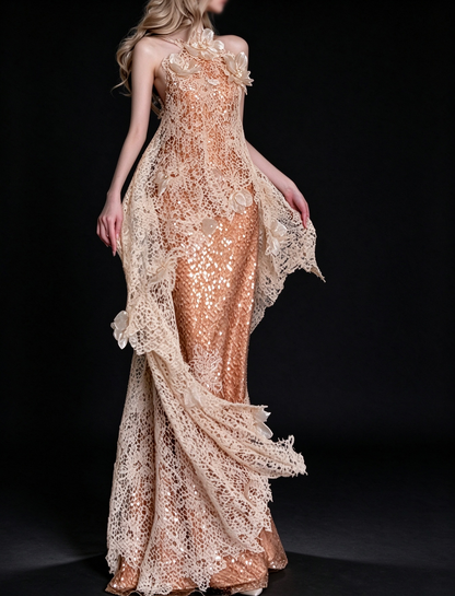 Champagne Halter 3D Floral Lace Sequin Mermaid Evening Dress fg9147