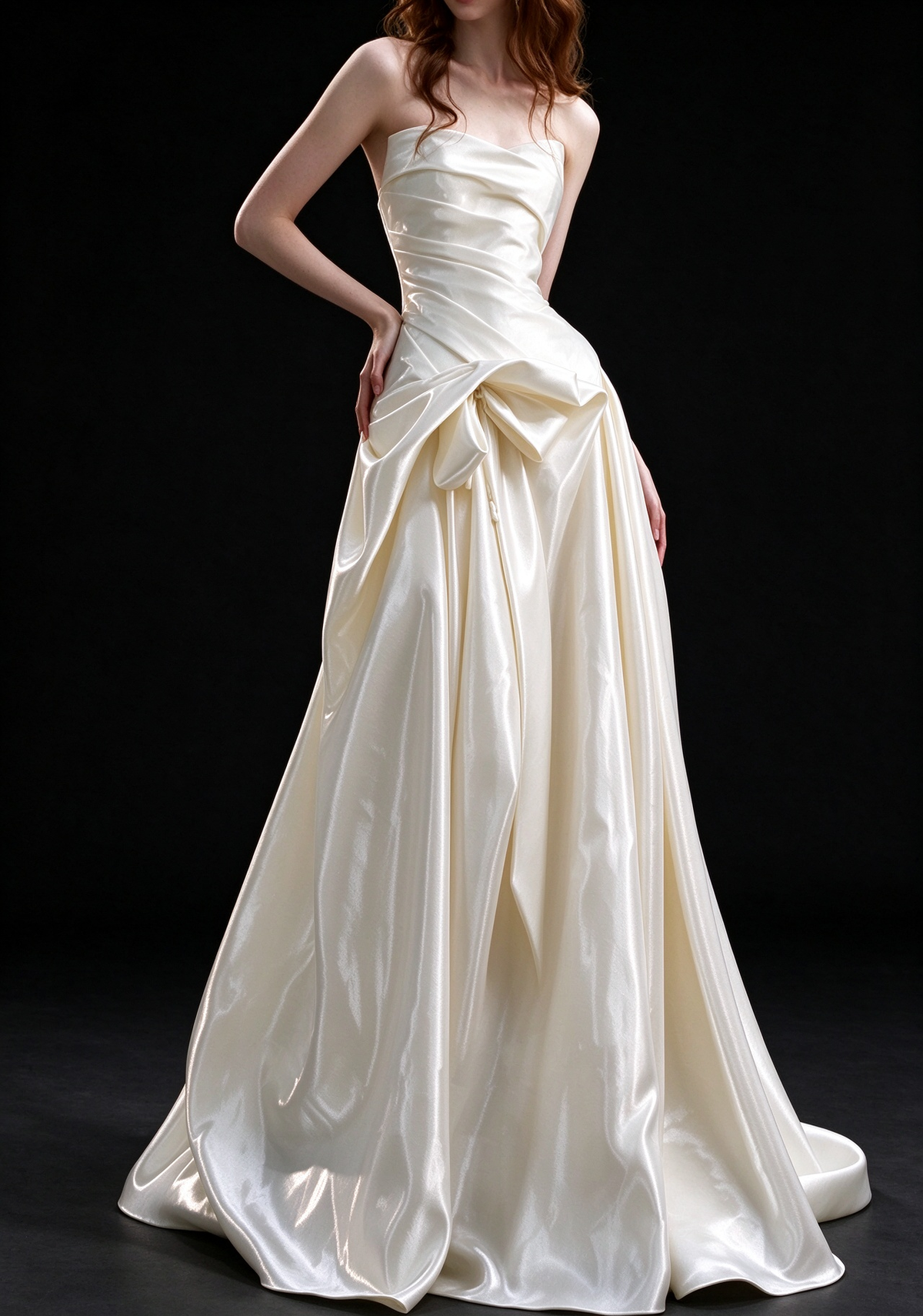 White Strapless Draped Satin A Line Wedding Dress With Big Bow fg9148