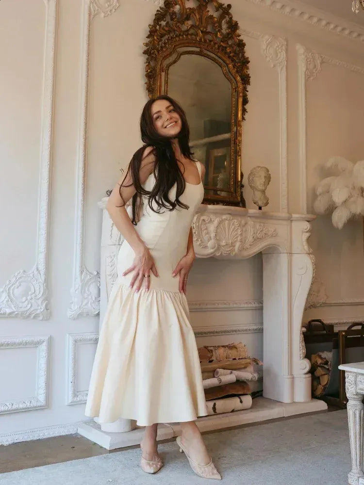 Robe longue élégante à col carré et sans manches pour femme, tenue de soirée fg7378