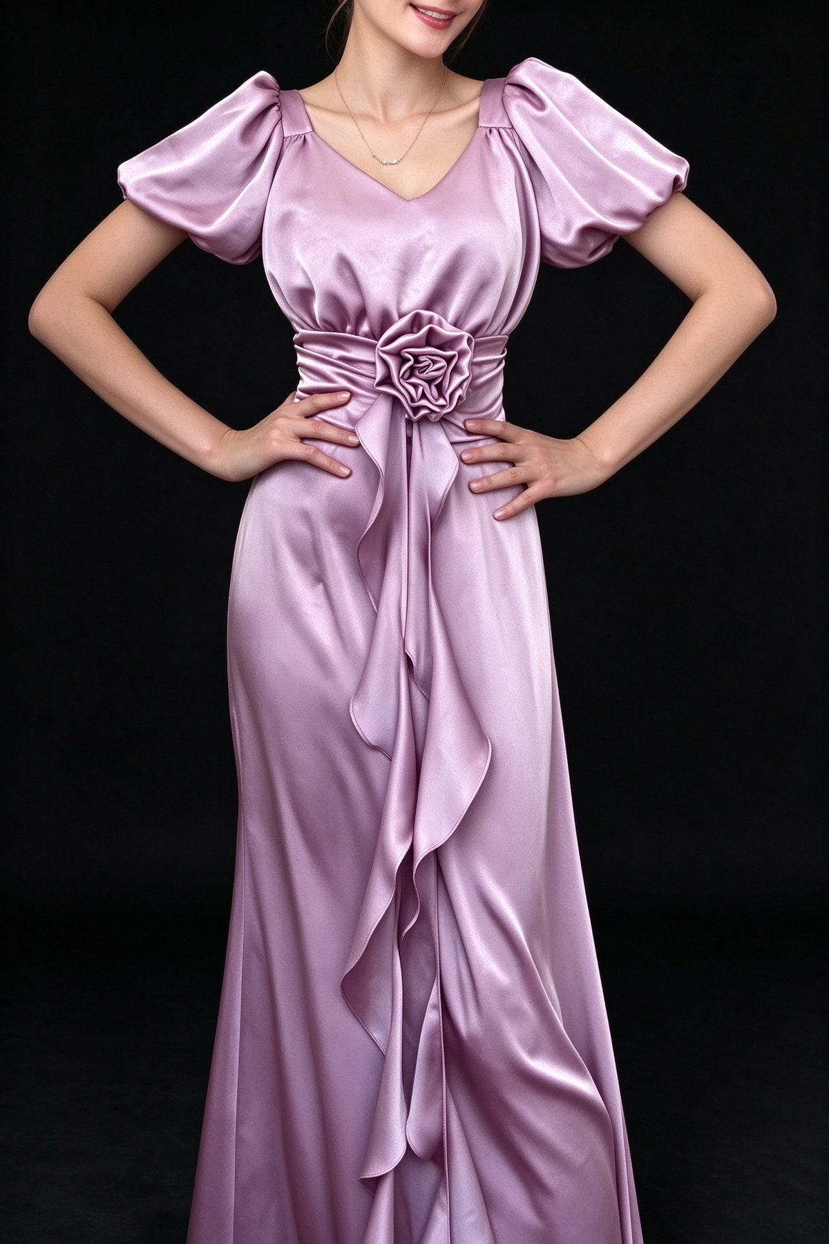 Dusty Purple Satin V-Neck Puff Sleeve 3D Flower Waist Long Evening Dress fg9015