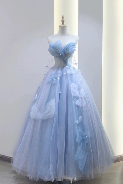 A Line Blue Tulle Long Prom Dress, Strapless Long Blue Beaded Tulle Formal Evening Dresses      fg4442