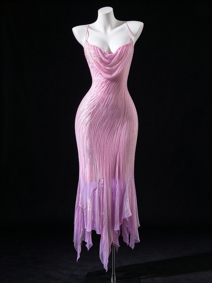 Pink Spaghetti Strap Cowl Neck Gradient Irregular Hem Mermaid Evening fg9137