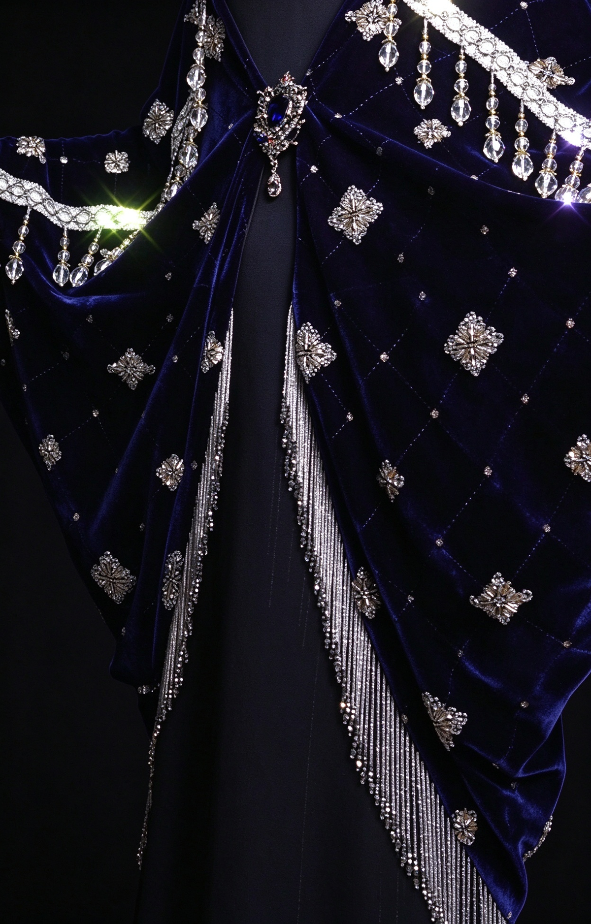 Black Square Neck Velvet Beaded Evening Dress With Chiffon Drape fg8978