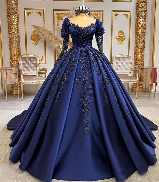 Elegant Navy Blue O-Neck Sequined Appliques Long Sleeves Quinceanera Evening Dress Ball Gown Floor Length Princess Prom Dress      fg6858