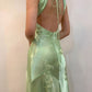 Grünes Vintage V-Ausschnitt Perlenbesetztes langes Partykleid Abendgarderobe Kleider fg6921