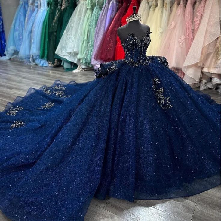 Navy Blue Sparkly Princess Quinceanera Dresses Applique Peplum Corset vestido de 15 quinceañeras Sweet 16 Ball Gown   fg6840