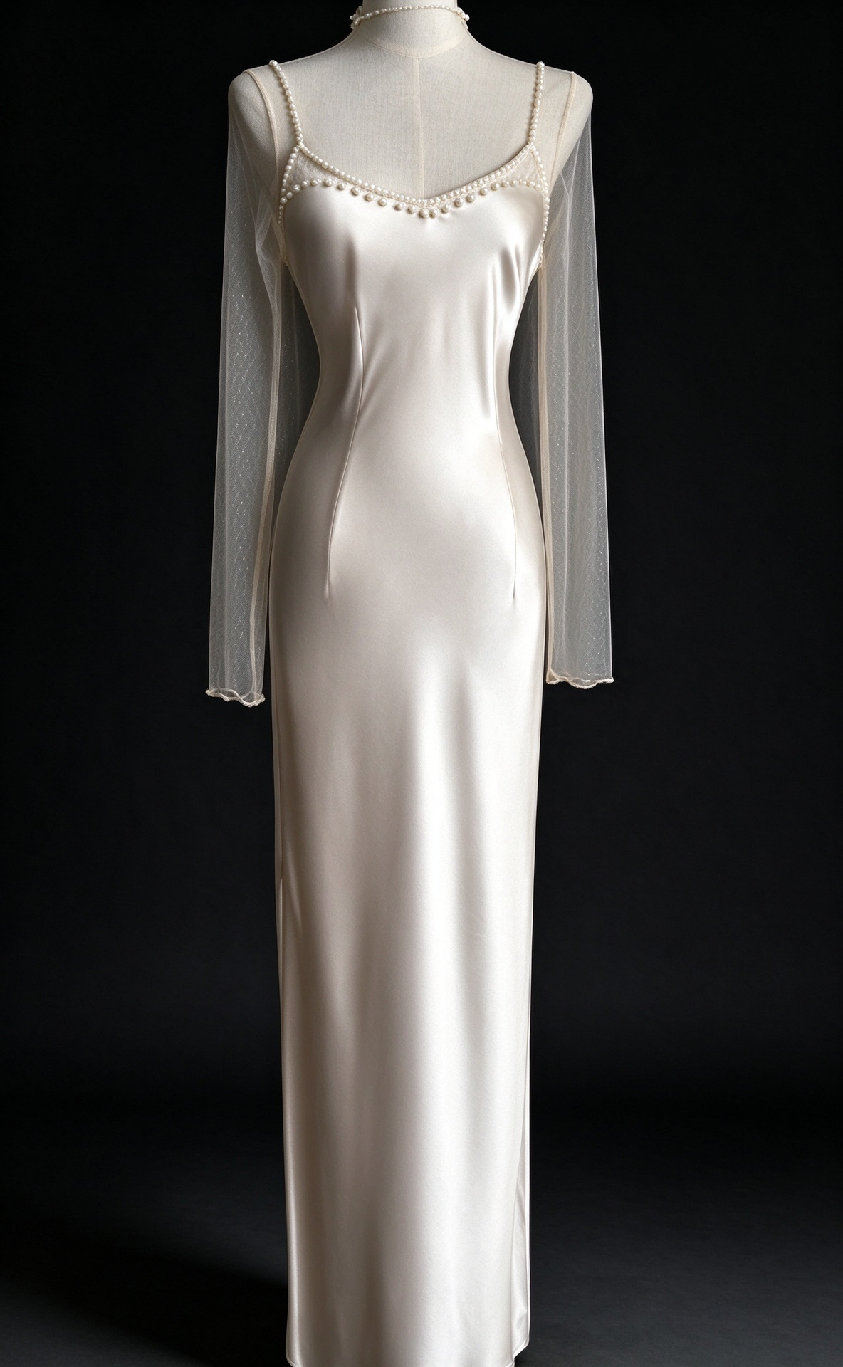 Ivory Satin Slip Dress with Feather Capelet (Without the Transparent Sweater) fg9037