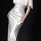 Ivory Satin Slip Dress with Feather Capelet (Without the Transparent Sweater) fg9037