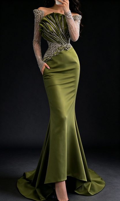 Olive Green Off Shoulder Satin Mermaid Evening Dress with Beaded Sheer Long Sleeves fg9033