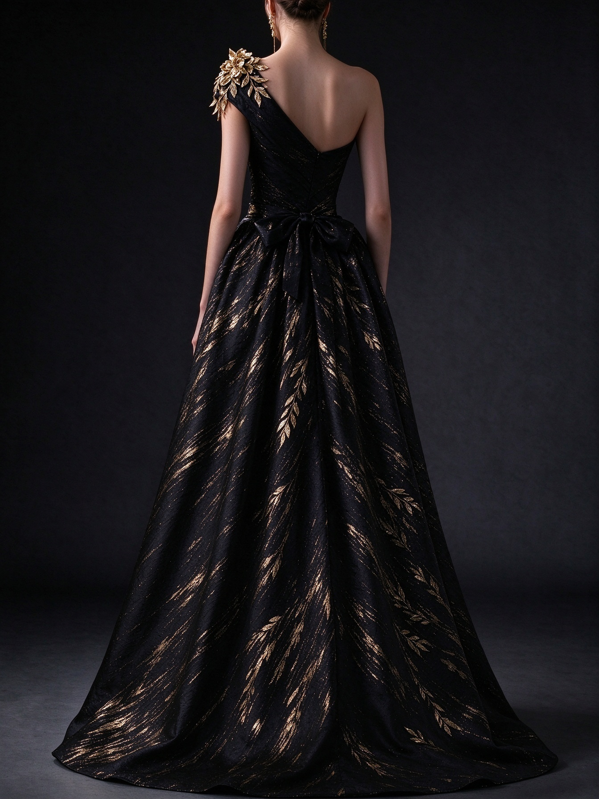 Black Gold Streaked Jacquard One Shoulder A-line Evening Dress with Gold Leaf Applique fg9020