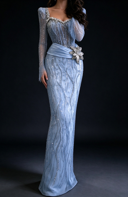 Light Blue Sheer Long Sleeve Mermaid Evening Dress with Rhinestone Sweetheart Neck & Satin Waist Flower fg9032