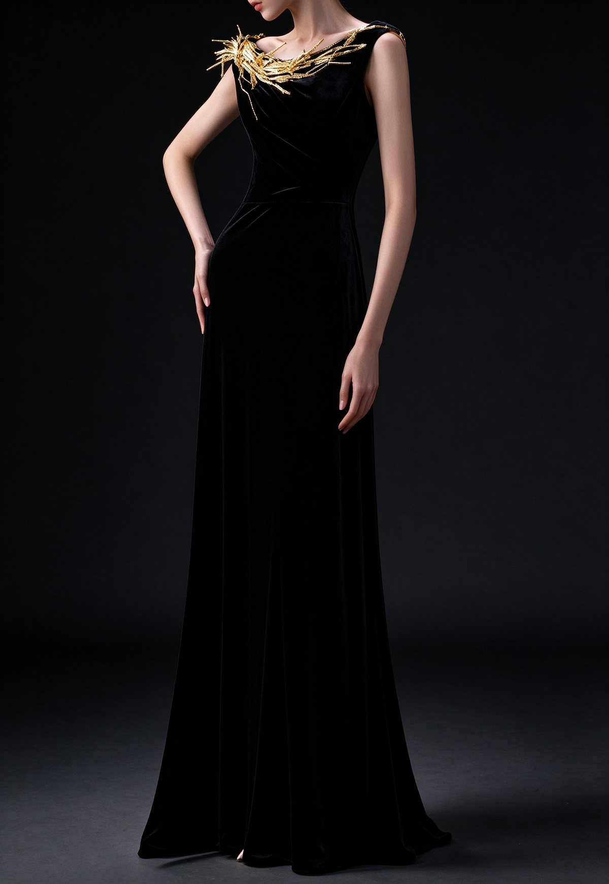 Black Velvet Cowl Neck Mermaid Evening Gown with Gold Branch Appliqué fg9021