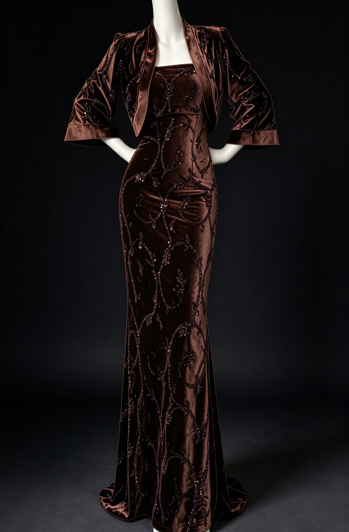 Coffee Brown Velvet Mermaid Evening Dress Set with Beaded Scroll Pattern & Short Bolero Jacket fg9023