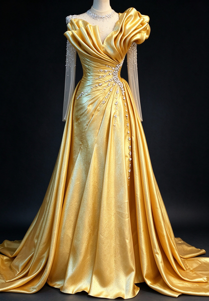 Golden Beaded Tulle Sleeves A-line Metallic Satin  Evening Gown with Draped Ruffle Neckline fg9025