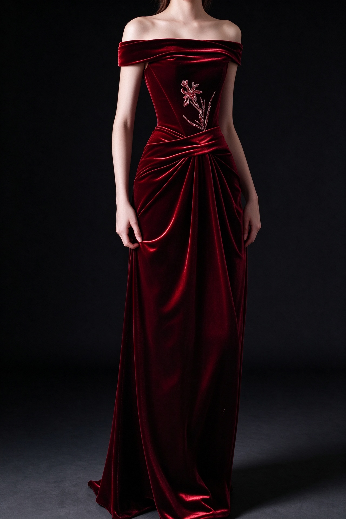 Burgundy Velvet Off-the-Shoulder Mermaid Evening Gown with Beaded Iris Embroidery & Draped Waist fg9026