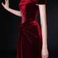 Burgundy Velvet Off-the-Shoulder Mermaid Evening Gown with Beaded Iris Embroidery & Draped Waist fg9026