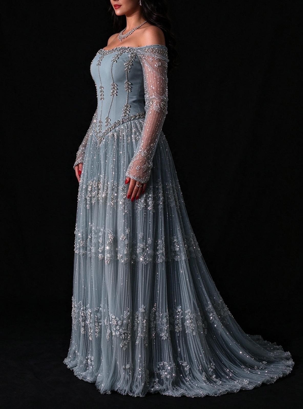 Dusty Blue Off The Shoulder Long Sleeve Beaded Tulle A-Line Evening Gown fg9011