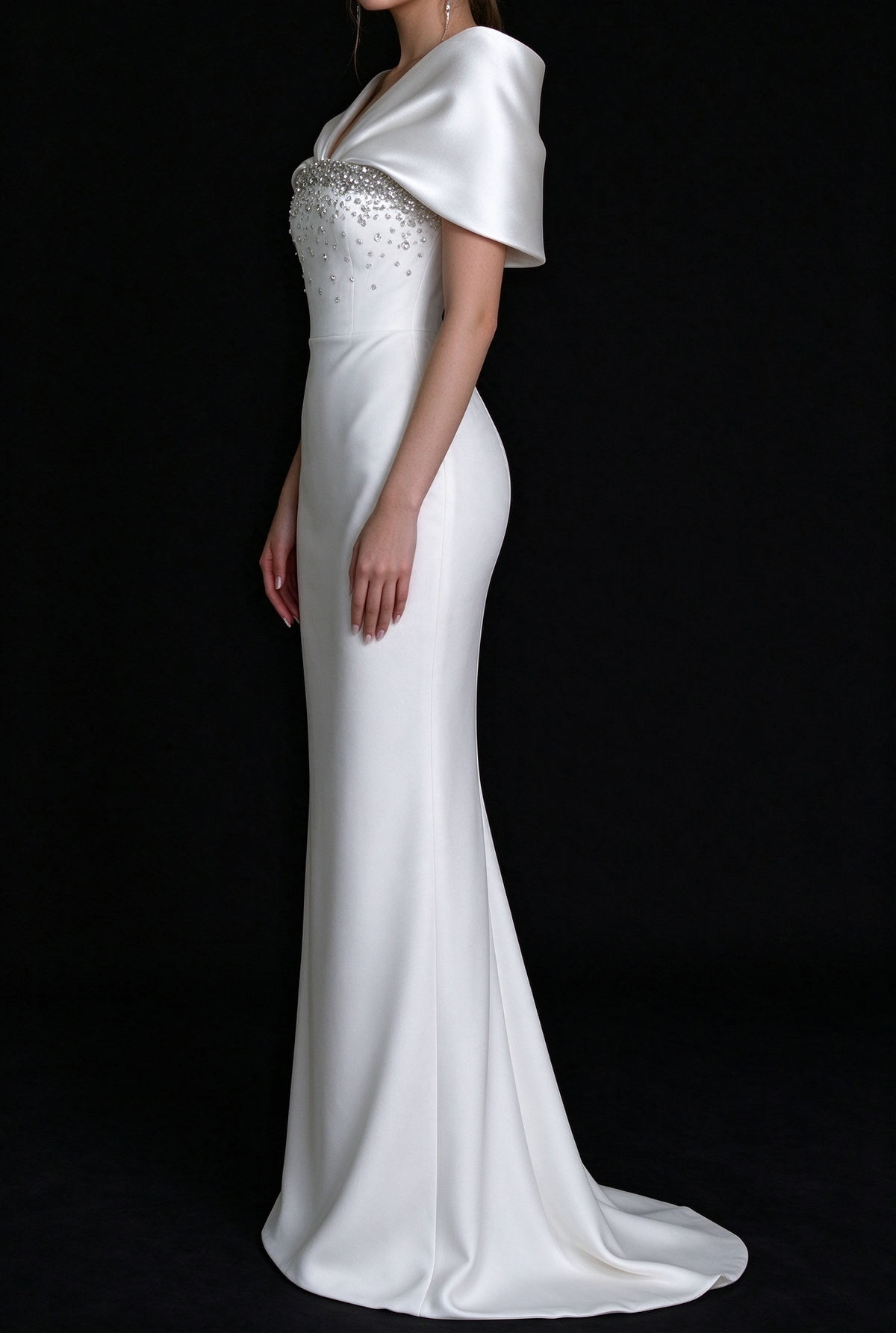 White & Pink Satin Cape V-Neck Rhinestone Mermaid Long Evening Dress fg9014