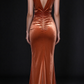Elegant V-Neck Sleeveless Caramel Velvet Ruched Evening Dress For Formal Party fg9005