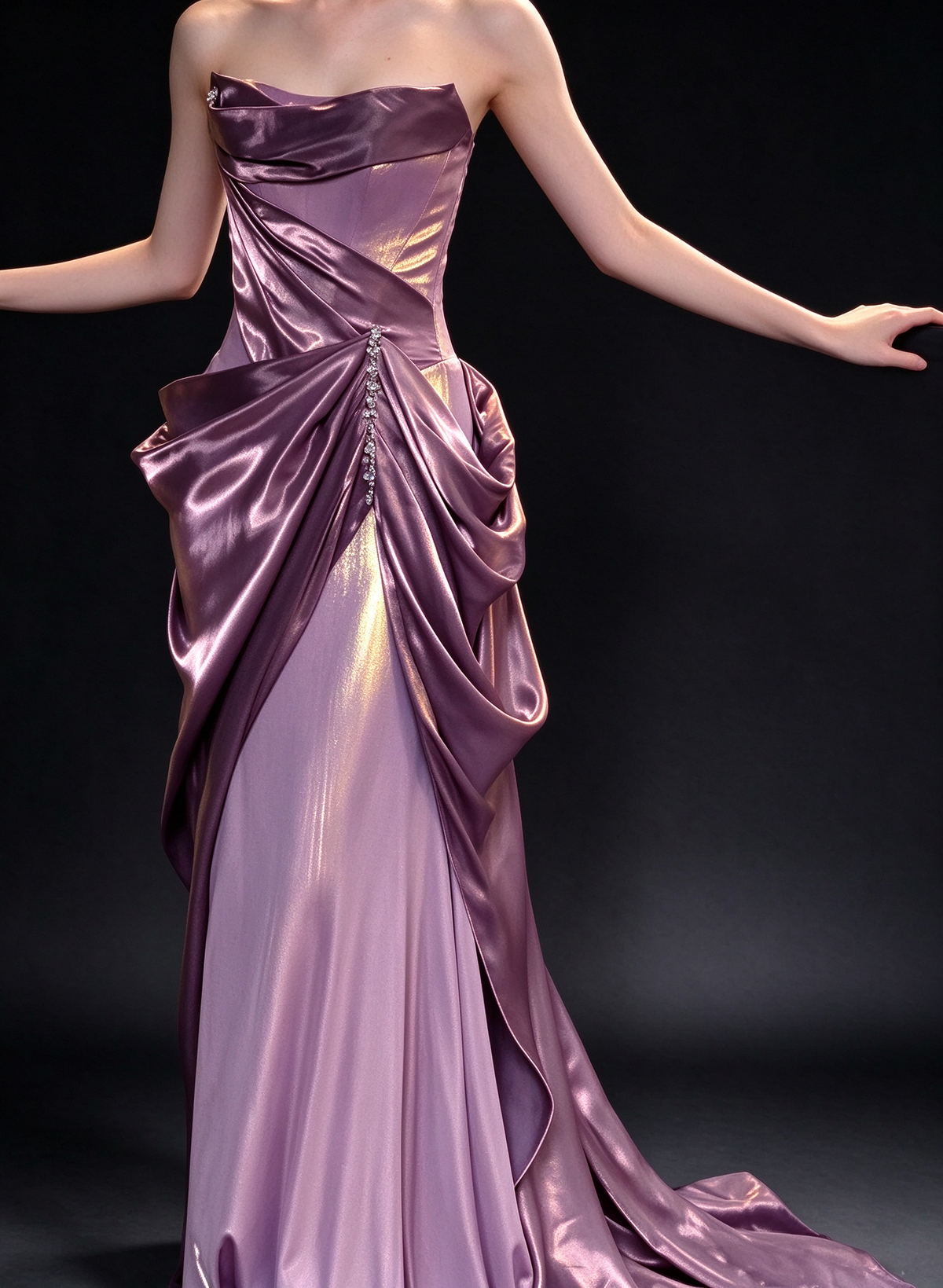 Metallic Purple Strapless Draped Mermaid Evening Gown with Rhinestone Accent fg9027