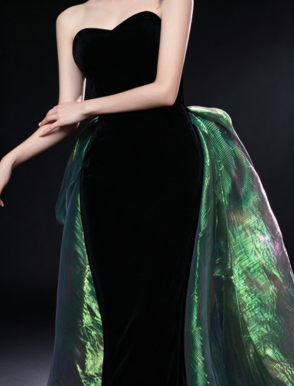 Black Velvet Strapless Mermaid Evening Gown with Iridescent Green Detachable Overskirt fg9029