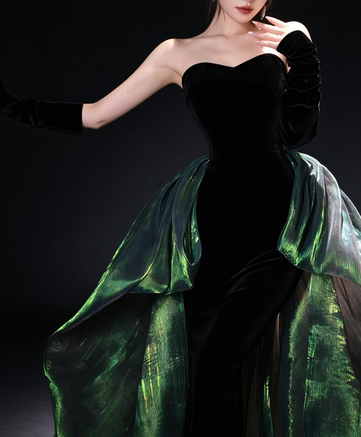Black Velvet Strapless Mermaid Evening Gown with Iridescent Green Detachable Overskirt fg9029