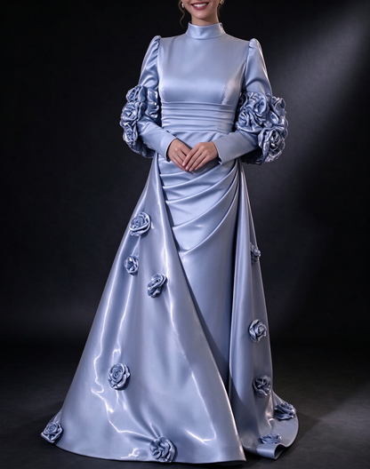 Light Blue Satin High Neck Long Sleeve 3D Floral Overskirt Evening Gown fg9017