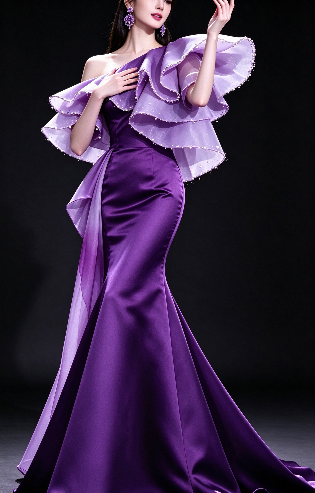 Purple Satin One Shoulder Mermaid Evening Dress with Pearl Ruffled Organza fg9030