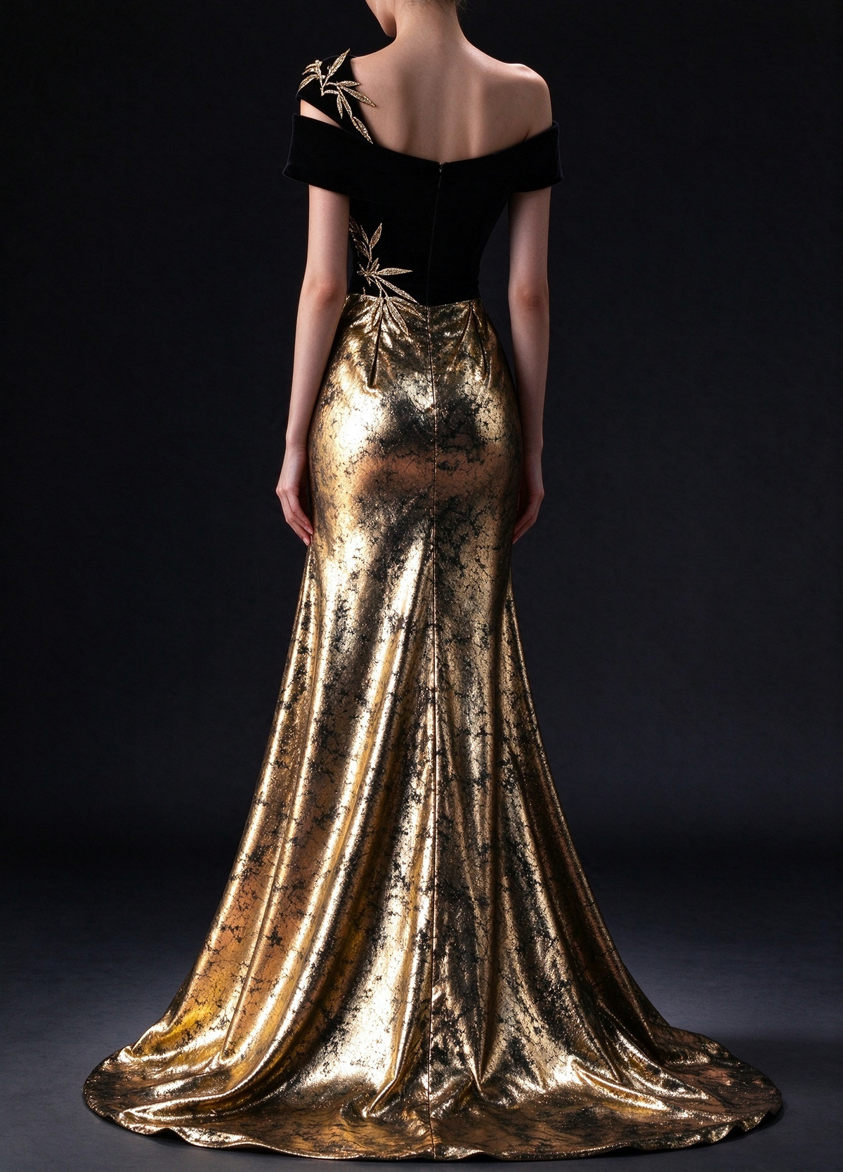 Black Velvet One Shoulder Evening Gown with Gold Bamboo Embroidery & Metallic Gold Skirt fg9018