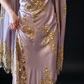 Dusty Lavender V-Neck Slip Evening Dress with Gold Lace Appliqués & Beaded Tassel Shawl fg9036