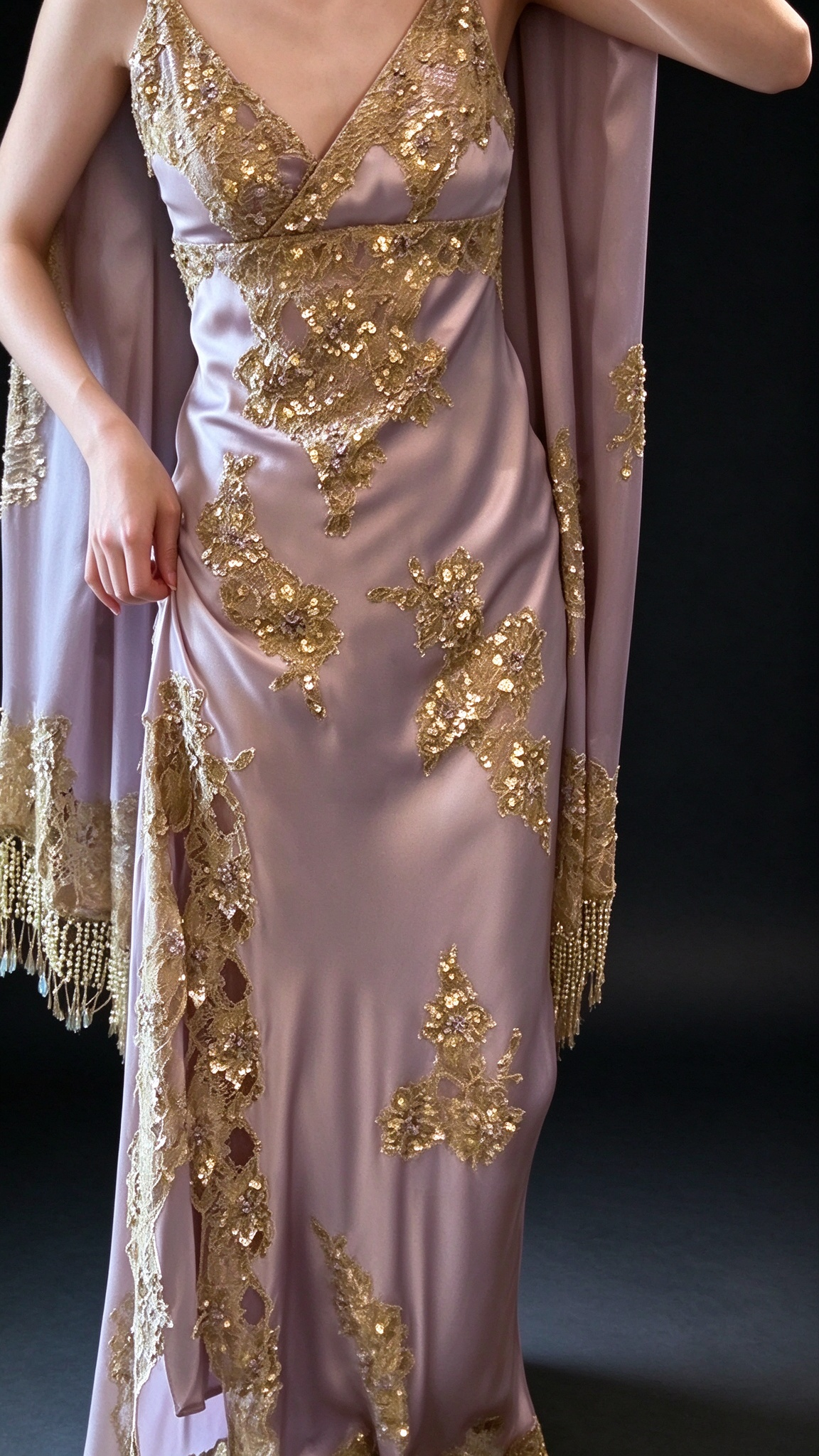 Dusty Lavender V-Neck Slip Evening Dress with Gold Lace Appliqués & Beaded Tassel Shawl fg9036