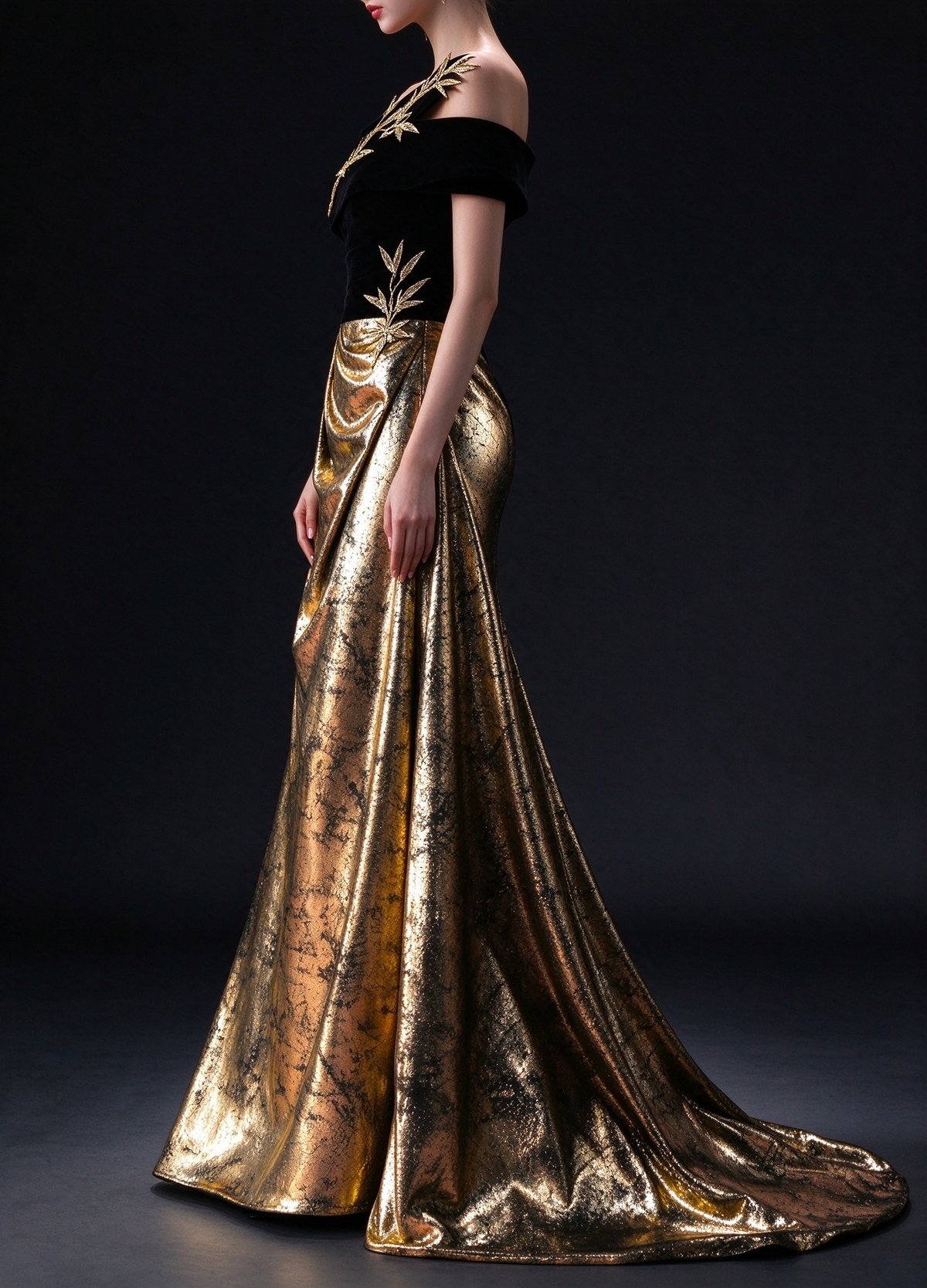 Black Velvet One Shoulder Evening Gown with Gold Bamboo Embroidery & Metallic Gold Skirt fg9018